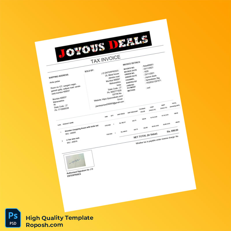 India J D Enterprises Tax Invoice Template in Word and PDF formats India J D Enterprises Tax Invoice Template in Word and PDF formats