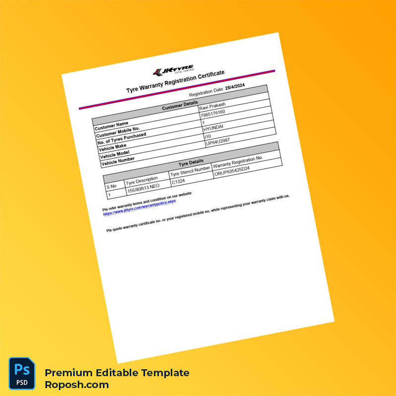 Customizable India JK Tyre Warranty Registration Certificate Editable Word & PDF Template 2 page Customizable India JK Tyre Warranty Registration Certificate Editable Word & PDF Template 2 page