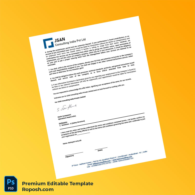 Customizable India JSAN Consulting India Pvt Ltd Employment Offer Letter Word & PDF Template 3 page Customizable India JSAN Consulting India Pvt Ltd Employment Offer Letter Word & PDF Template 3 page