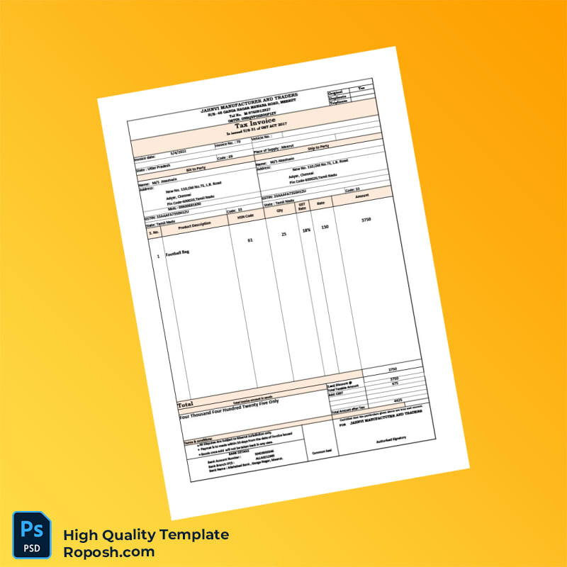 India Jahnvi Manufacturer and Traders Tax Invoice Template in Word and PDF formats India Jahnvi Manufacturer and Traders Tax Invoice Template in Word and PDF formats