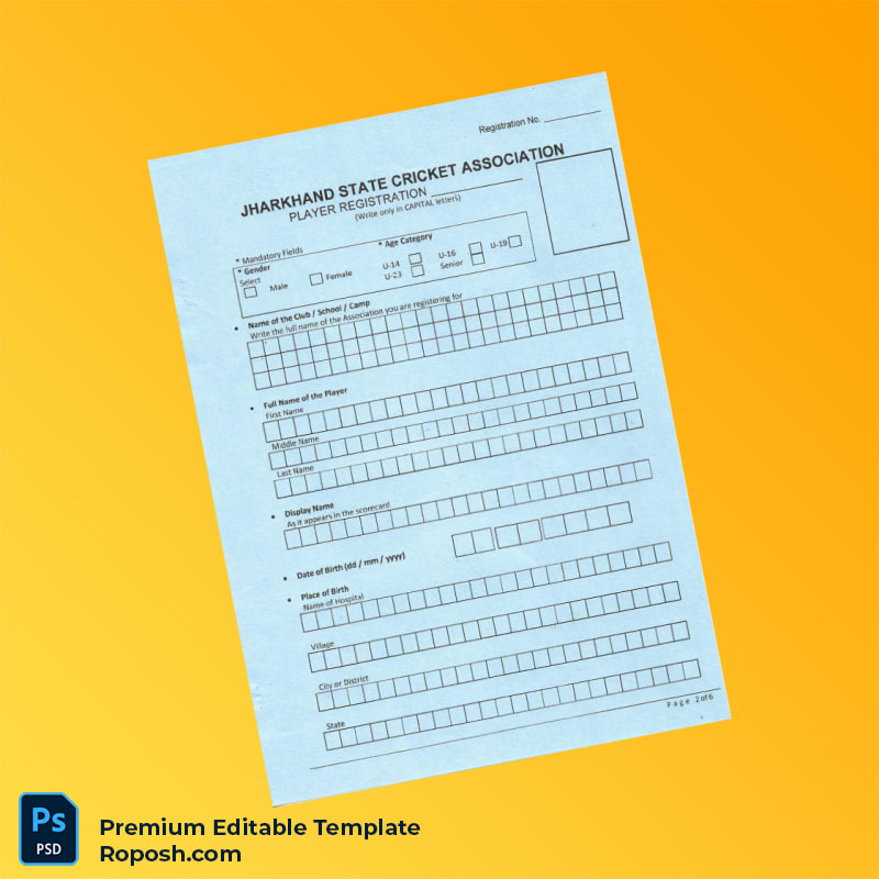 Customizable India Jharkhand State Cricket Association Registration Form Editable Word & PDF Template 6 page Customizable India Jharkhand State Cricket Association Registration Form Editable Word & PDF Template 6 page