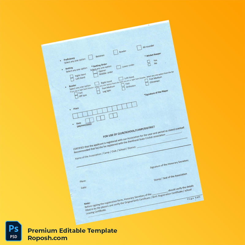 Customizable India Jharkhand State Cricket Association Registration Form Editable Word & PDF Template 6 page Customizable India Jharkhand State Cricket Association Registration Form Editable Word & PDF Template 6 page