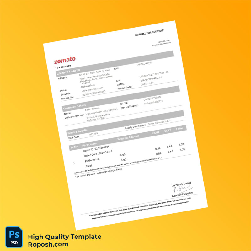India Jubilant Foodworks Limited Invoice Template in Word and PDF formats 2 page India Jubilant Foodworks Limited Invoice Template in Word and PDF formats 2 page