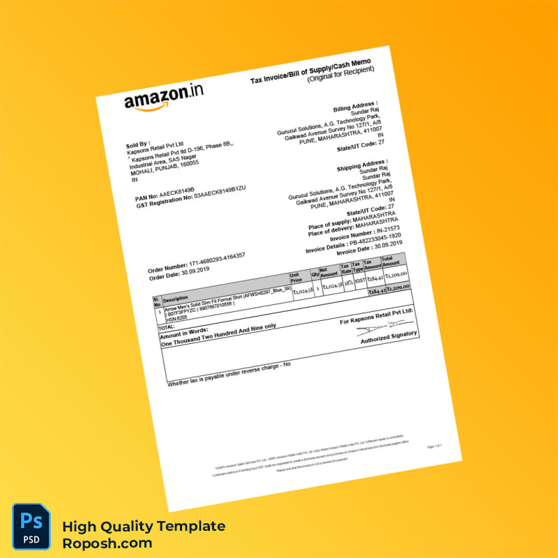 India Kapsons Retail Pvt Ltd Invoice Template in Word and PDF formats India Kapsons Retail Pvt Ltd Invoice Template in Word and PDF formats