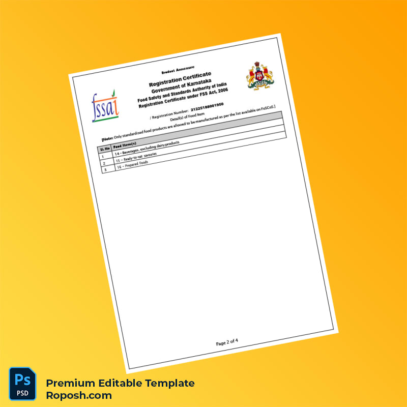 Customizable India Karnataka Food Registration Certificate Editable Word & PDF Template 4 page Customizable India Karnataka Food Registration Certificate Editable Word & PDF Template 4 page