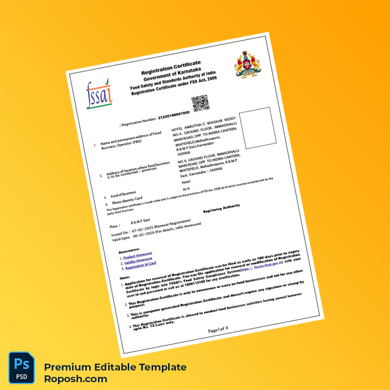 Customizable India Karnataka Food Registration Certificate Editable Word & PDF Template 4 page Customizable India Karnataka Food Registration Certificate Editable Word & PDF Template 4 page