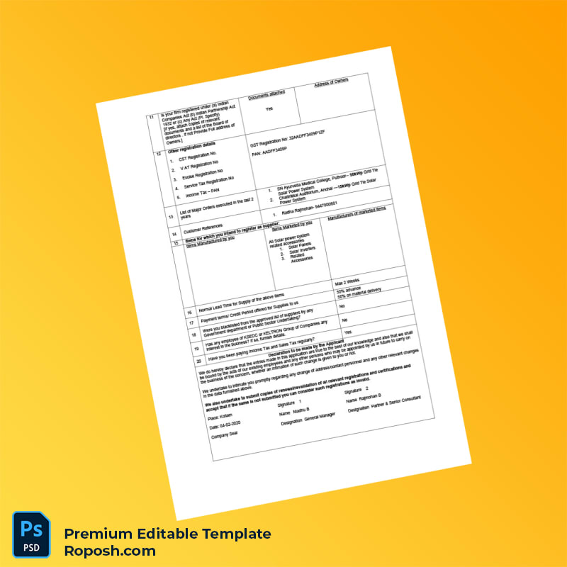 Customizable India Kerala State Electronics Development Corporation Ltd Vendor Registration Form Editable Word & PDF Template 3 page Customizable India Kerala State Electronics Development Corporation Ltd Vendor Registration Form Editable Word & PDF Template 3 page
