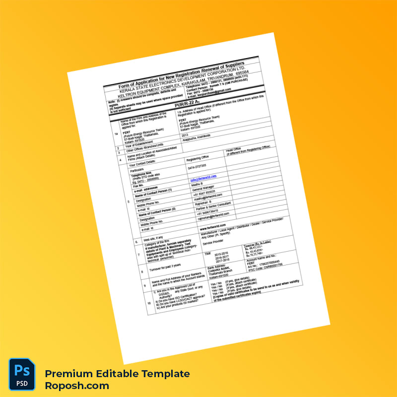 Customizable India Kerala State Electronics Development Corporation Ltd Vendor Registration Form Editable Word & PDF Template 3 page Customizable India Kerala State Electronics Development Corporation Ltd Vendor Registration Form Editable Word & PDF Template 3 page