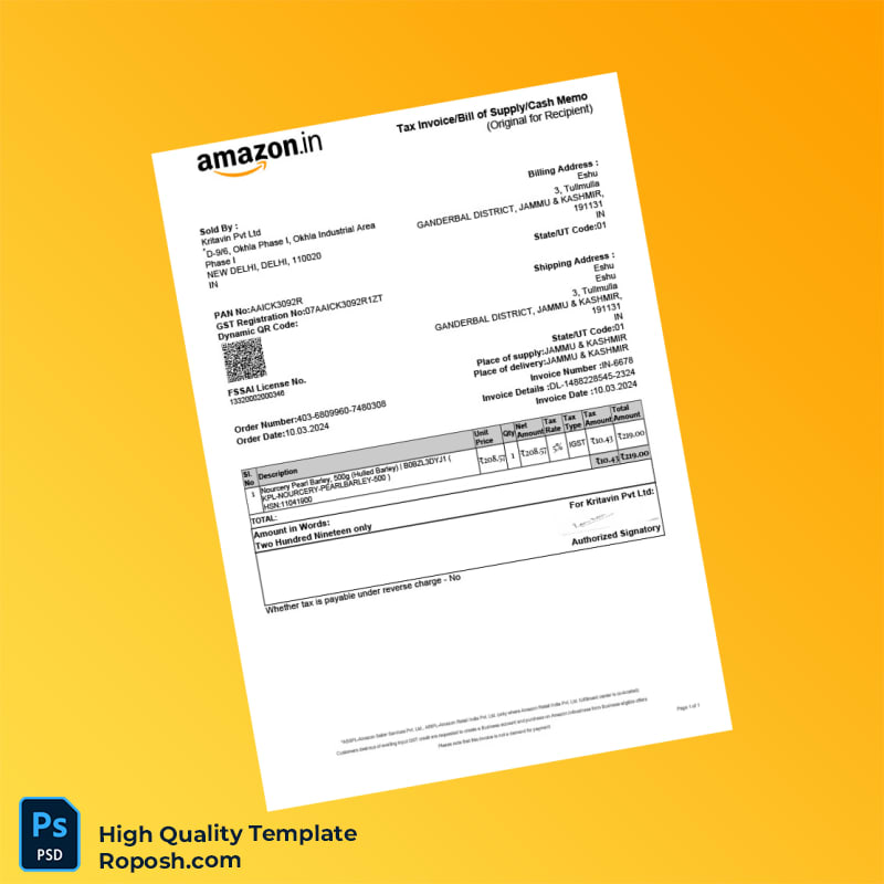 India Kritavin Pvt Ltd Tax Invoice Template in Word and PDF formats India Kritavin Pvt Ltd Tax Invoice Template in Word and PDF formats