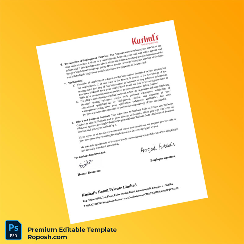 Customizable India Kushal s Retail Private Limited Employment Verification Letter Word & PDF Template 2 page Customizable India Kushal s Retail Private Limited Employment Verification Letter Word & PDF Template 2 page