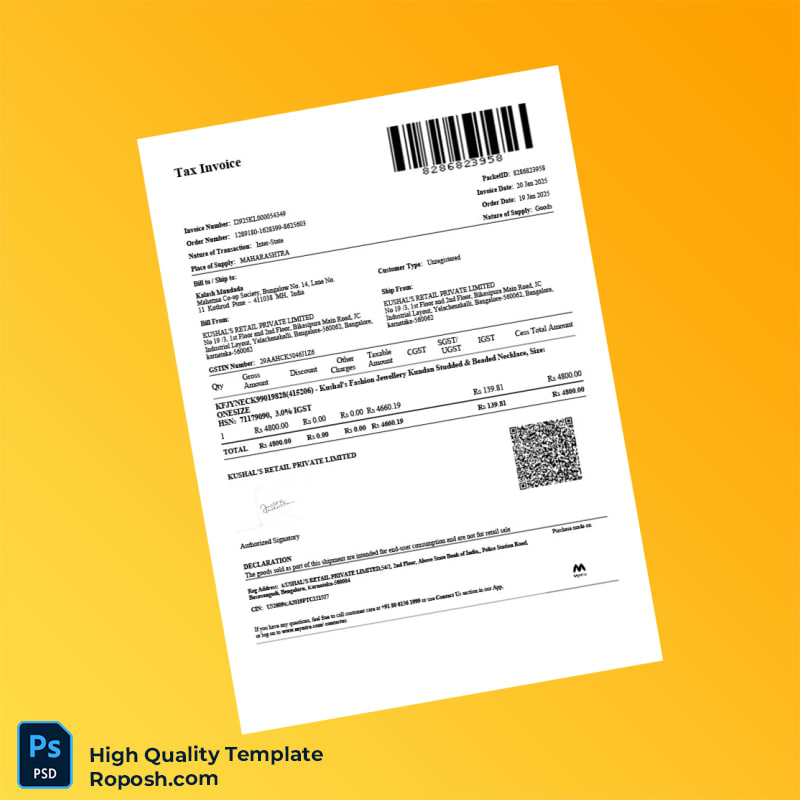 India Kushal s Retail Private Limited Tax Invoice Template in Word and PDF formats 2 page India Kushal s Retail Private Limited Tax Invoice Template in Word and PDF formats 2 page