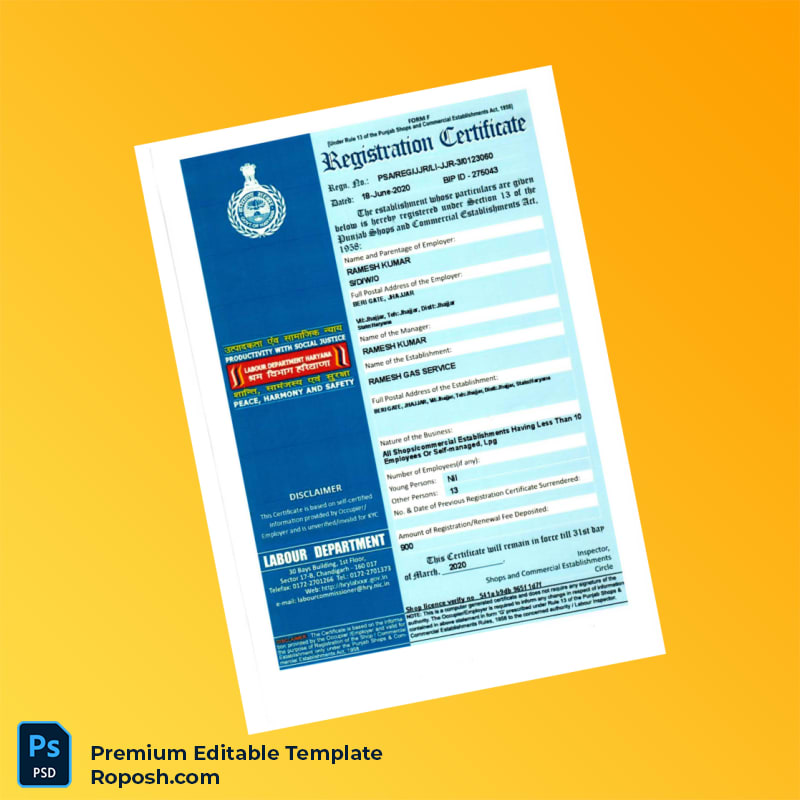 Customizable India Labour Department Business Registration Certificate Editable Word & PDF Template Customizable India Labour Department Business Registration Certificate Editable Word & PDF Template
