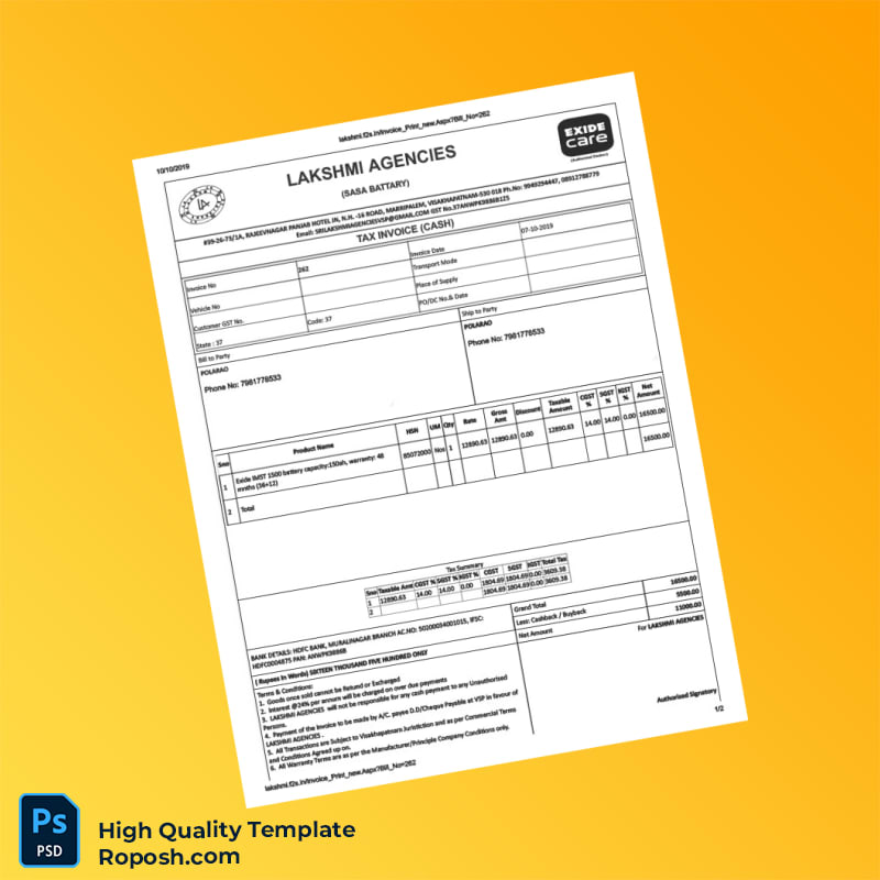 India Lakshmi Agencies Tax Invoice Template in Word and PDF formats 2 page India Lakshmi Agencies Tax Invoice Template in Word and PDF formats 2 page
