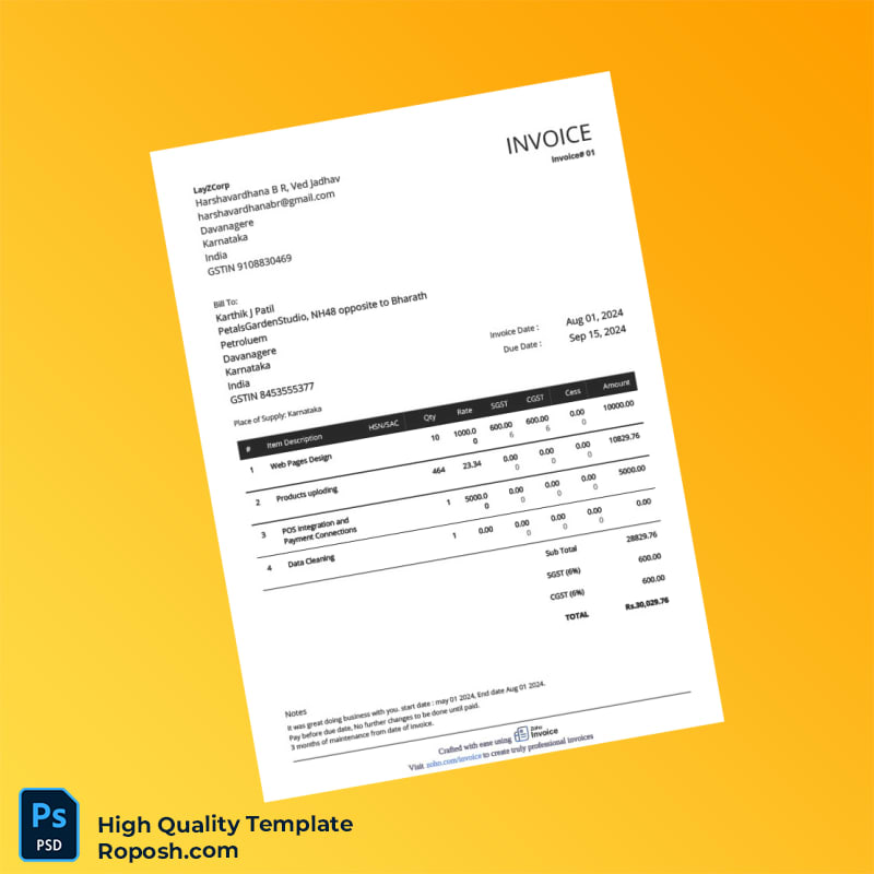 India LayZCorp Invoice Template in Word and PDF formats 2 page India LayZCorp Invoice Template in Word and PDF formats 2 page