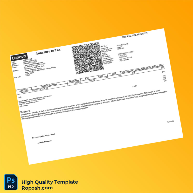 India Lenovo Tax Invoice Template in Word and PDF formats 7 page India Lenovo Tax Invoice Template in Word and PDF formats 7 page