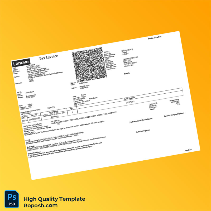 India Lenovo Tax Invoice Template in Word and PDF formats 7 page India Lenovo Tax Invoice Template in Word and PDF formats 7 page