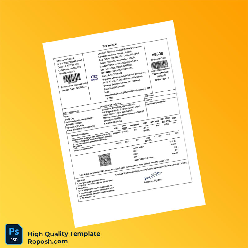 India Lenskart Solutions Limited Tax Invoice Template in Word and PDF formats 2 page India Lenskart Solutions Limited Tax Invoice Template in Word and PDF formats 2 page