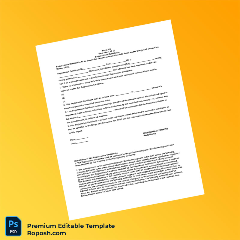 Customizable India Licensing Authority Registration Certificate Editable Word & PDF Template 2 page Customizable India Licensing Authority Registration Certificate Editable Word & PDF Template 2 page