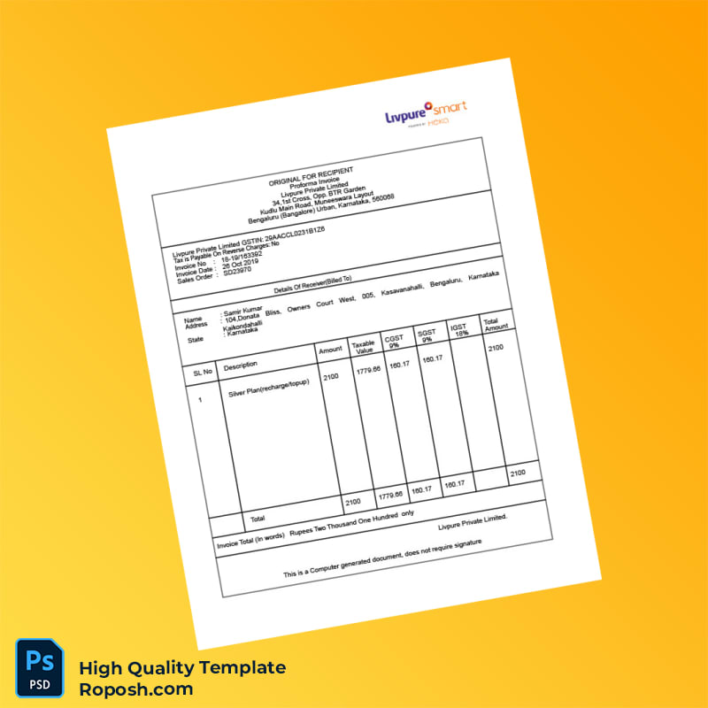 India Livpure Private Limited Proforma Invoice Template in Word and PDF formats India Livpure Private Limited Proforma Invoice Template in Word and PDF formats