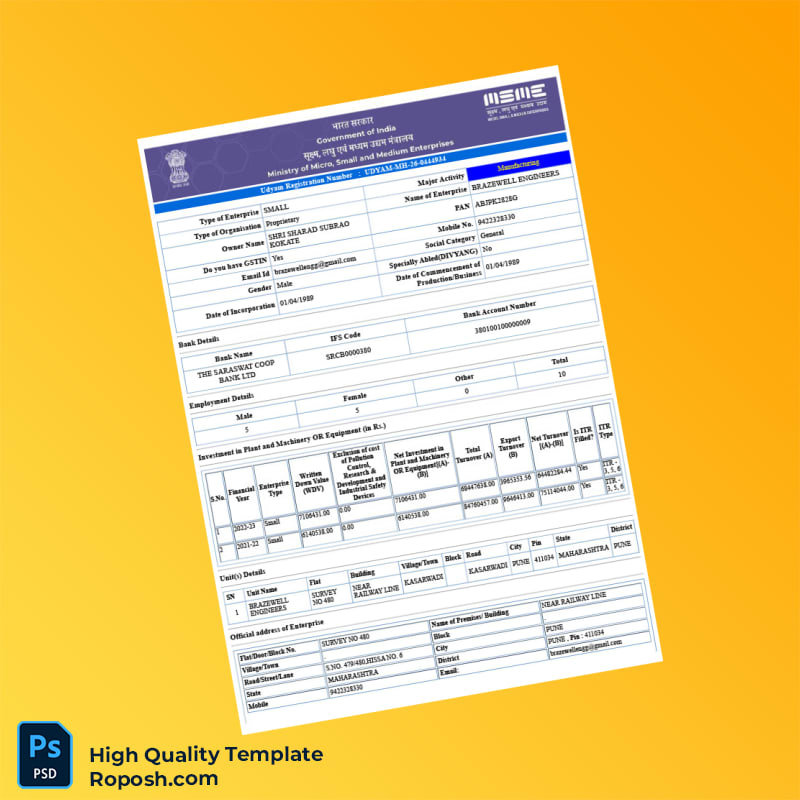 India MSME Department Udyam Registration Certificate Template in Word and PDF formats 3 page India MSME Department Udyam Registration Certificate Template in Word and PDF formats 3 page