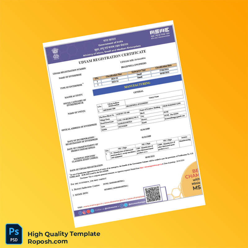 India MSME Department Udyam Registration Certificate Template in Word and PDF formats 3 page India MSME Department Udyam Registration Certificate Template in Word and PDF formats 3 page