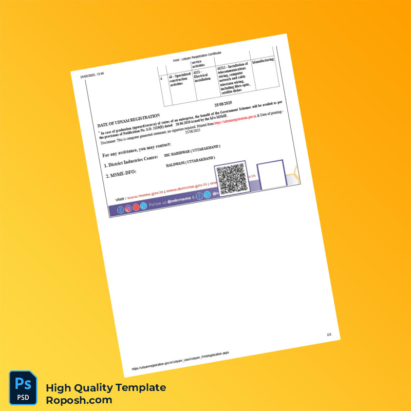 India MSME Ministry Udyam Registration Certificate Template in Word and PDF formats 2 page India MSME Ministry Udyam Registration Certificate Template in Word and PDF formats 2 page