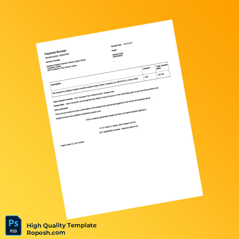 India Madhya Pradesh Paschim Kshetra Vidyut Vitaran Company Limited Receipt Template in Word and PDF formats India Madhya Pradesh Paschim Kshetra Vidyut Vitaran Company Limited Receipt Template in Word and PDF formats