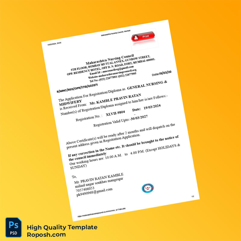 India Maharashtra Nursing Council Registration Certificate Template in Word and PDF formats 2 page India Maharashtra Nursing Council Registration Certificate Template in Word and PDF formats 2 page