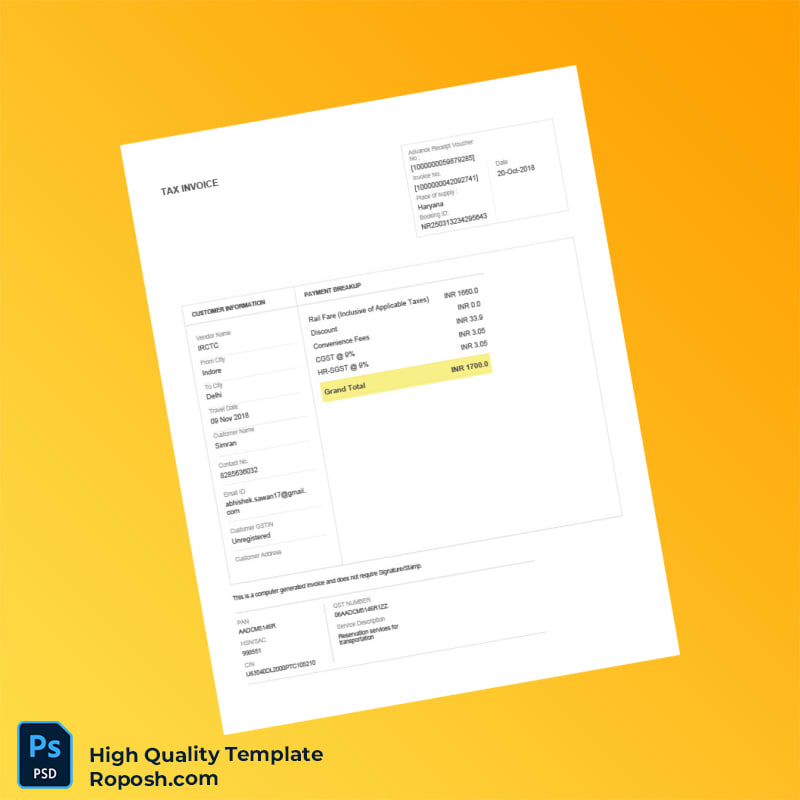 India MakeMyTrip India Pvt Ltd Tax Invoice Template in Word and PDF formats 2 page India MakeMyTrip India Pvt Ltd Tax Invoice Template in Word and PDF formats 2 page