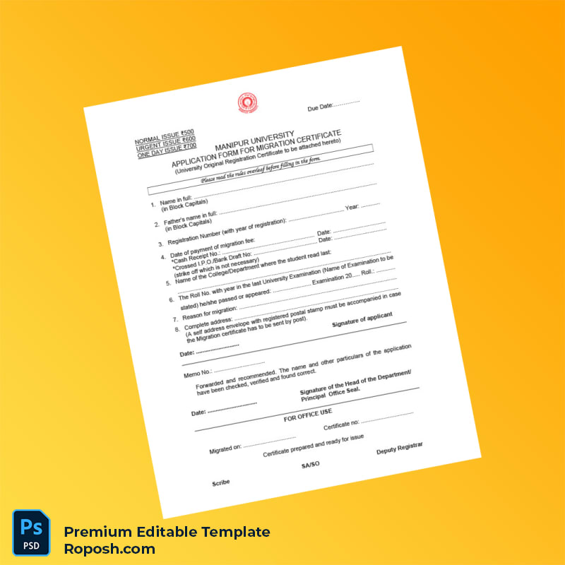 Customizable India Manipur University Migration Certificate Application Form Editable Word & PDF Template 2 page Customizable India Manipur University Migration Certificate Application Form Editable Word & PDF Template 2 page