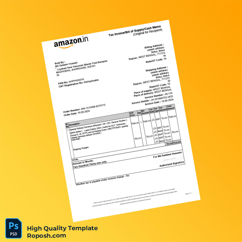 India Md Saddam Hussain Invoice Template in Word and PDF formats India Md Saddam Hussain Invoice Template in Word and PDF formats