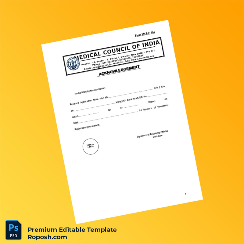 Customizable India Medical Council of India Temporary Registration Certificate Editable Word & PDF Template 5 page Customizable India Medical Council of India Temporary Registration Certificate Editable Word & PDF Template 5 page