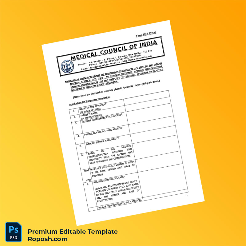 Customizable India Medical Council of India Temporary Registration Certificate Editable Word & PDF Template 5 page Customizable India Medical Council of India Temporary Registration Certificate Editable Word & PDF Template 5 page