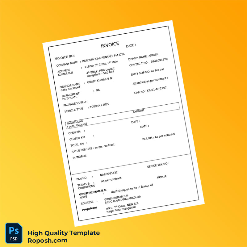 India Mercury Car Rentals Invoice Template in Word and PDF formats 2 page India Mercury Car Rentals Invoice Template in Word and PDF formats 2 page