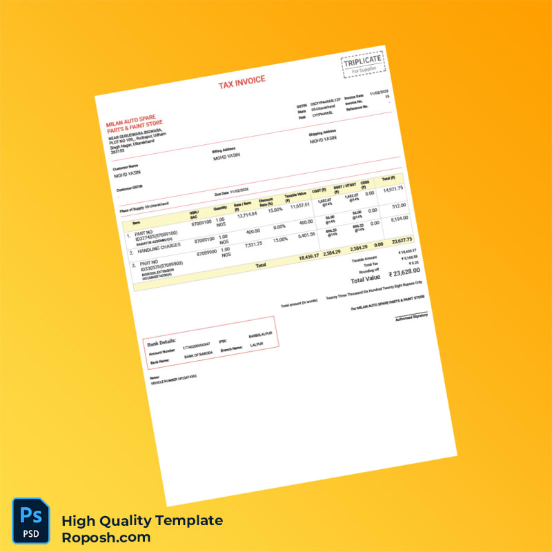 India Milan Auto Spare Parts Paint Store Invoice Template in Word and PDF formats India Milan Auto Spare Parts Paint Store Invoice Template in Word and PDF formats