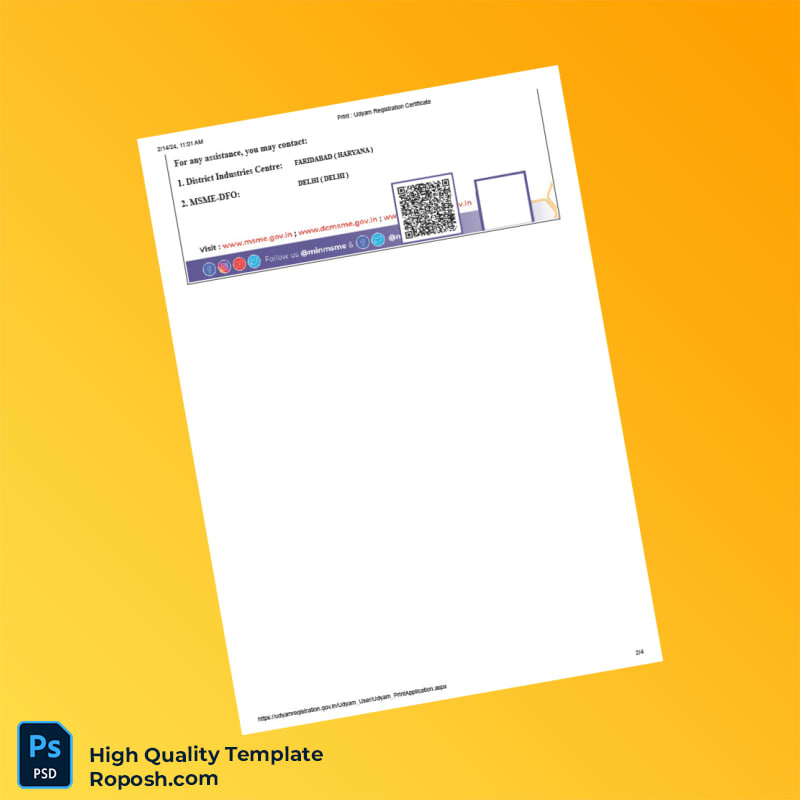 India Ministry of Commerce Editable Udyam Registration Certificate Template in Word and PDF formats 4 page India Ministry of Commerce Editable Udyam Registration Certificate Template in Word and PDF formats 4 page