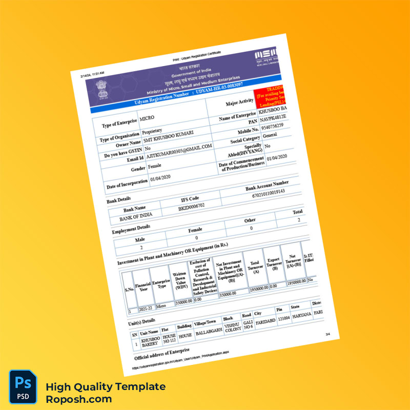 India Ministry of Commerce Editable Udyam Registration Certificate Template in Word and PDF formats 4 page India Ministry of Commerce Editable Udyam Registration Certificate Template in Word and PDF formats 4 page