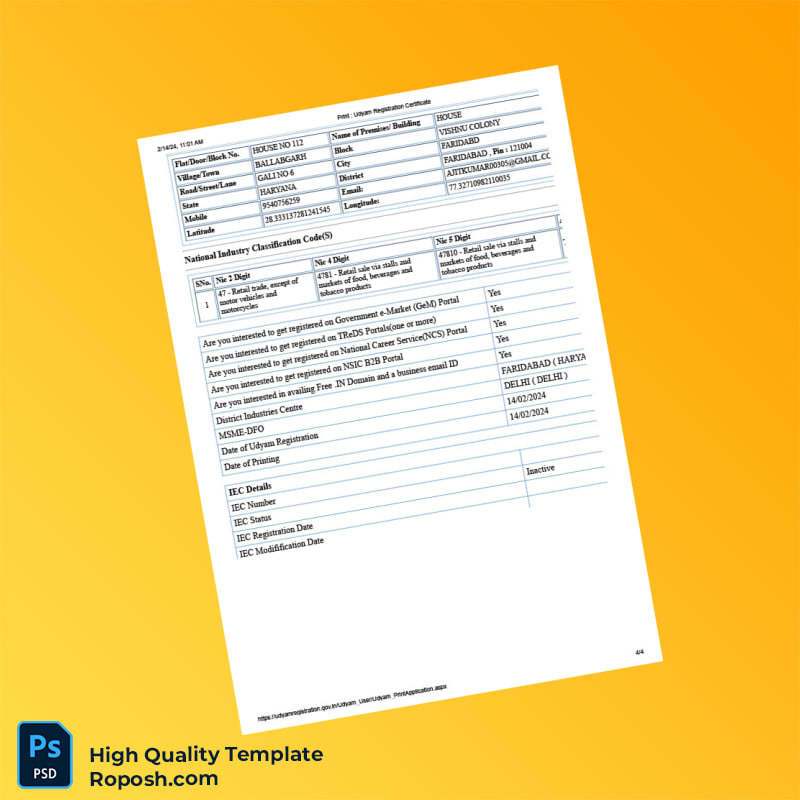 India Ministry of Commerce Editable Udyam Registration Certificate Template in Word and PDF formats 4 page India Ministry of Commerce Editable Udyam Registration Certificate Template in Word and PDF formats 4 page
