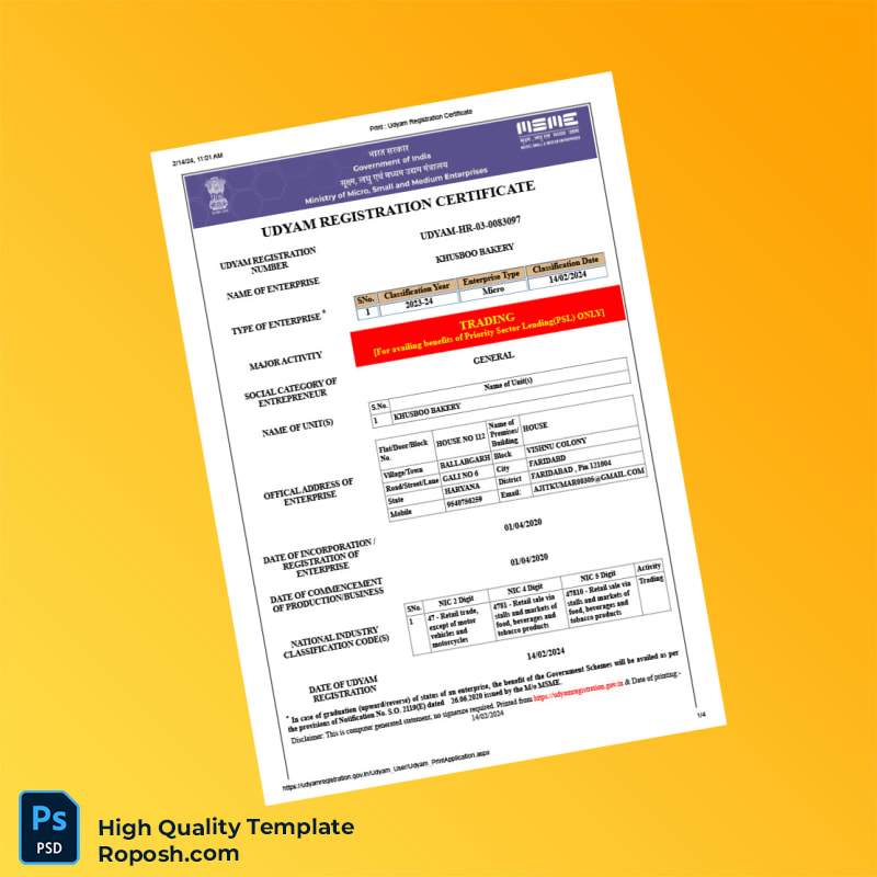 India Ministry of Commerce Editable Udyam Registration Certificate Template in Word and PDF formats 4 page India Ministry of Commerce Editable Udyam Registration Certificate Template in Word and PDF formats 4 page