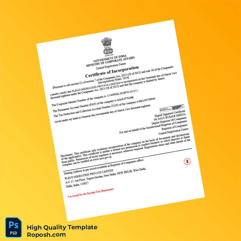 India Ministry of Corporate Affairs Certificate of Incorporation Template in Word and PDF formats India Ministry of Corporate Affairs Certificate of Incorporation Template in Word and PDF formats
