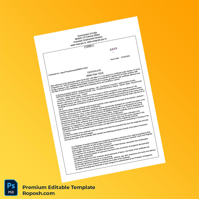 Customizable India Ministry of External Affairs Registration Certificate Editable Word & PDF Template 3 page Customizable India Ministry of External Affairs Registration Certificate Editable Word & PDF Template 3 page