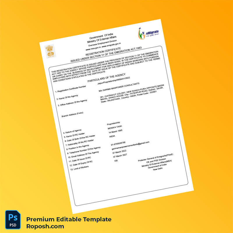 Customizable India Ministry of External Affairs Registration Certificate Editable Word & PDF Template 3 page Customizable India Ministry of External Affairs Registration Certificate Editable Word & PDF Template 3 page