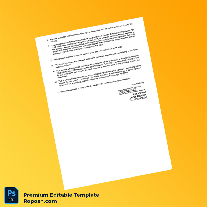Customizable India Ministry of Home Affairs Renewal Certificate under Foreign Contribution Regulation Act Editable Word & PDF Template 2 page Customizable India Ministry of Home Affairs Renewal Certificate under Foreign Contribution Regulation Act Editable Word & PDF Template 2 page
