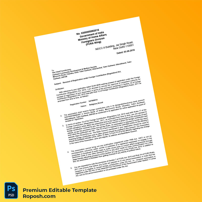 Customizable India Ministry of Home Affairs Renewal Certificate under Foreign Contribution Regulation Act Editable Word & PDF Template 2 page Customizable India Ministry of Home Affairs Renewal Certificate under Foreign Contribution Regulation Act Editable Word & PDF Template 2 page