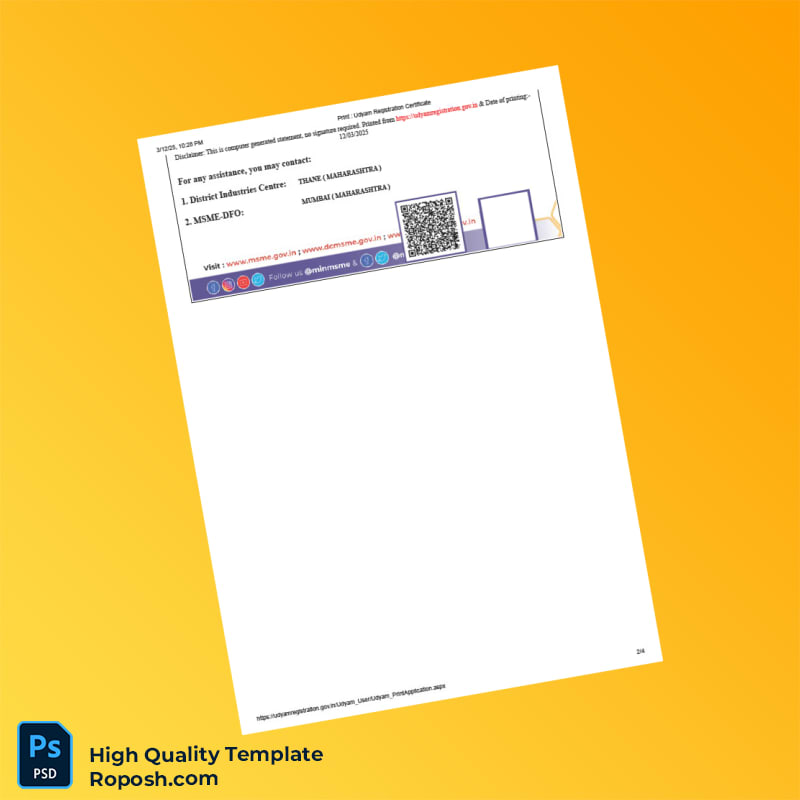 India Ministry of MSME Udyam Registration Certificate Template in Word and PDF formats 4 page India Ministry of MSME Udyam Registration Certificate Template in Word and PDF formats 4 page