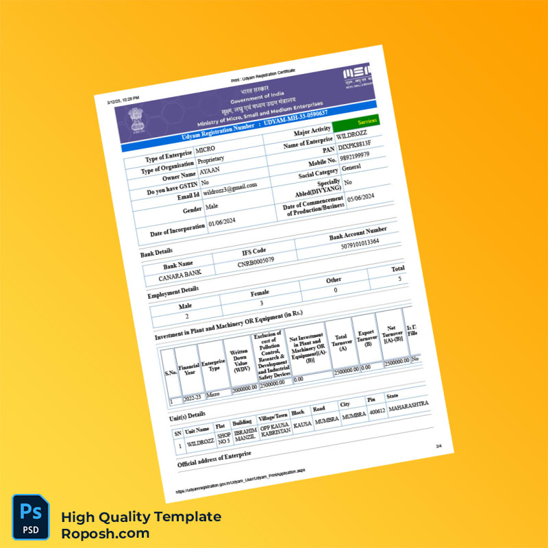 India Ministry of MSME Udyam Registration Certificate Template in Word and PDF formats 4 page India Ministry of MSME Udyam Registration Certificate Template in Word and PDF formats 4 page