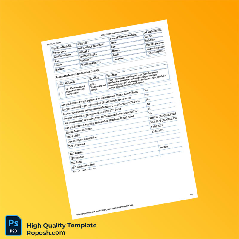 India Ministry of MSME Udyam Registration Certificate Template in Word and PDF formats 4 page India Ministry of MSME Udyam Registration Certificate Template in Word and PDF formats 4 page