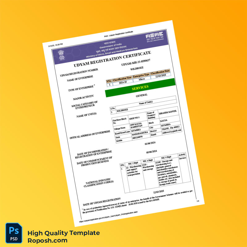 India Ministry of MSME Udyam Registration Certificate Template in Word and PDF formats 4 page India Ministry of MSME Udyam Registration Certificate Template in Word and PDF formats 4 page