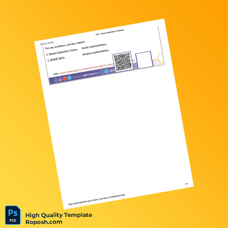 India Ministry of Micro Small and Medium Enterprises Editable MSME Registration Certificate Template in Word and PDF formats 4 page India Ministry of Micro Small and Medium Enterprises Editable MSME Registration Certificate Template in Word and PDF formats 4 page