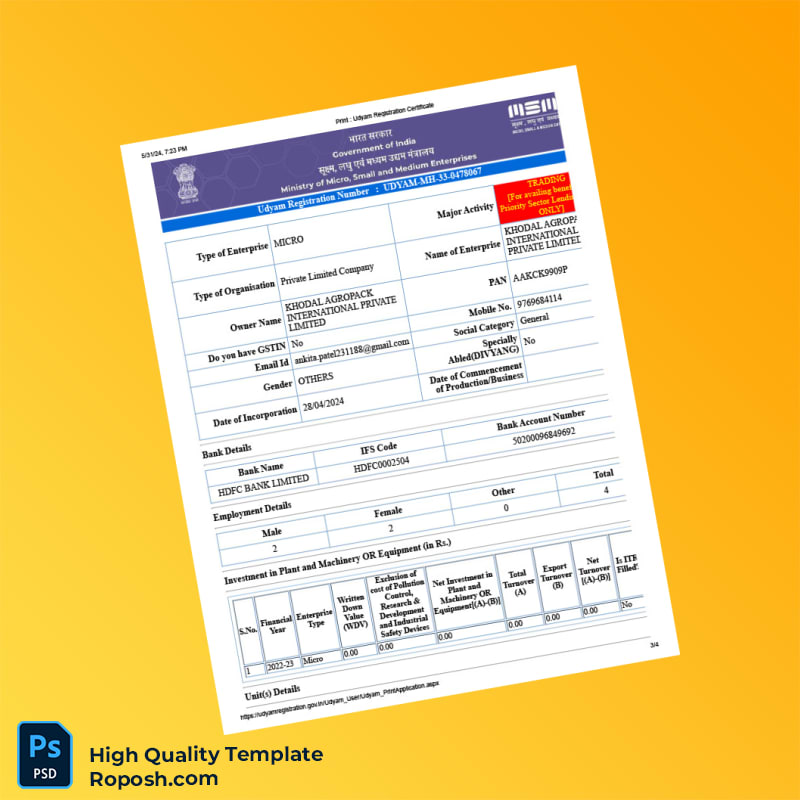India Ministry of Micro Small and Medium Enterprises Editable MSME Registration Certificate Template in Word and PDF formats 4 page India Ministry of Micro Small and Medium Enterprises Editable MSME Registration Certificate Template in Word and PDF formats 4 page